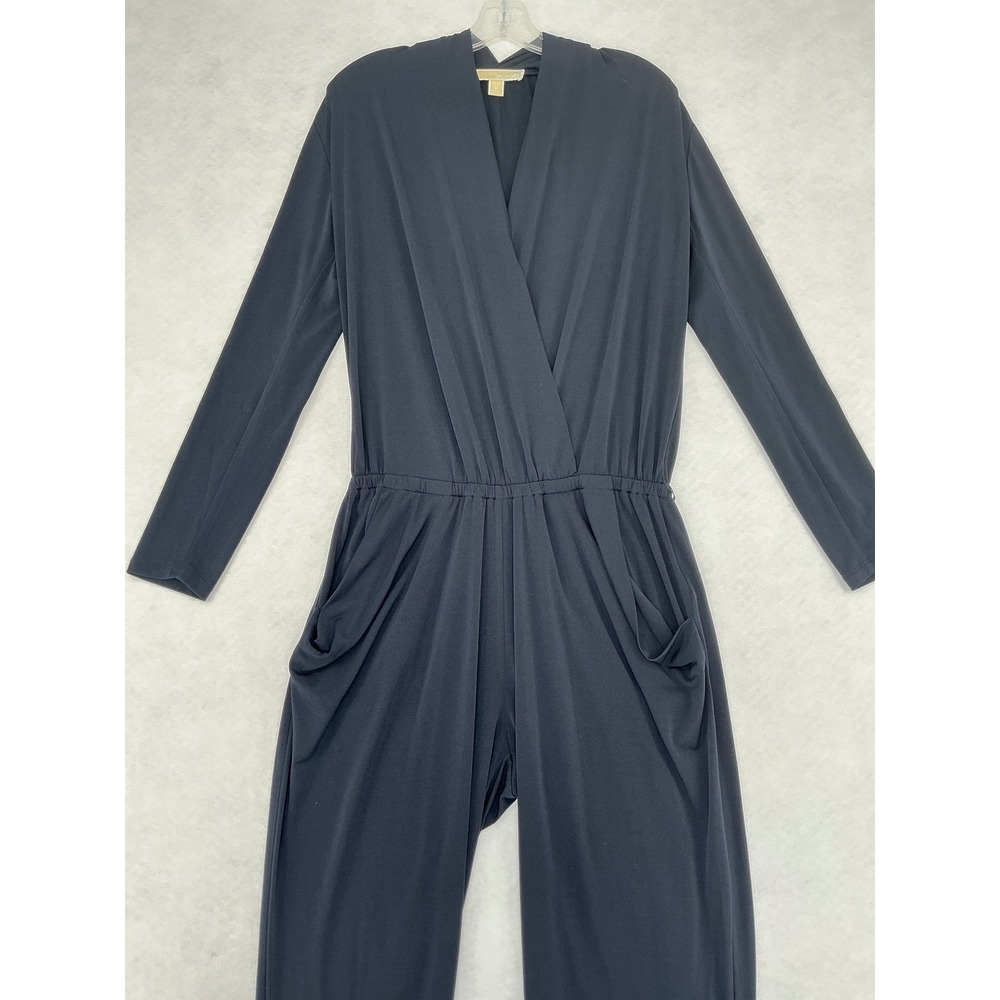 Michael Kors Jumpsuit Women Medium Navy Wrap V-Neck Long Sleeve Stretch Jersey - Picture 2 of 11